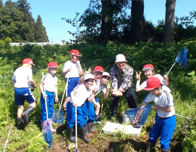 写真:体操服を着た小学生達が野原で虫取りをしている様子